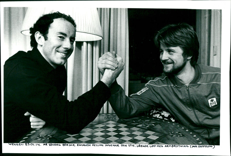 Ingemar Stenmark and Stig Strand in arm wrestling - Vintage Photograph