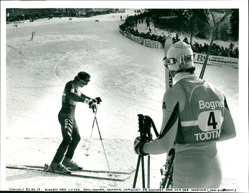 Phil Mahre beaten with 1.5 seconds by Ingemar Stenmark on the right - Vintage Photograph