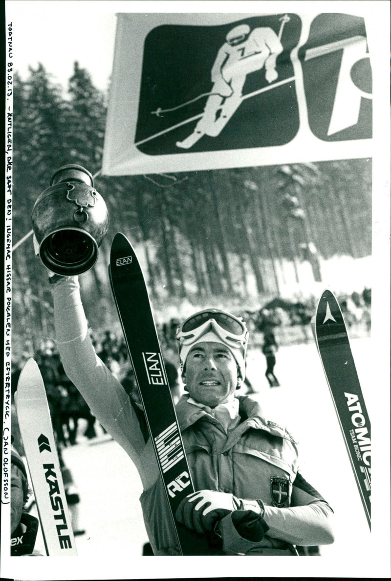 Ingemar Stenmark raises the trophy in Todtnau - Vintage Photograph