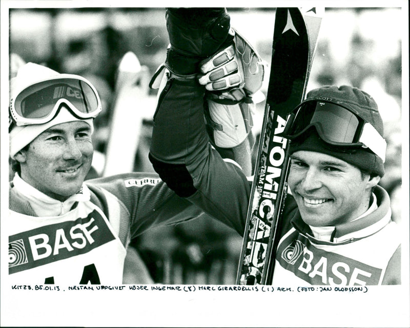 Ingemar Stenmark raises winner Marc Girardelli's arm - Vintage Photograph