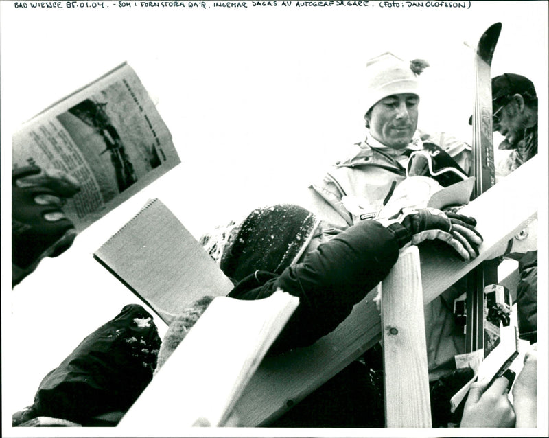 Ingemar Stenmark writes autographs in Bad Wiessee - Vintage Photograph