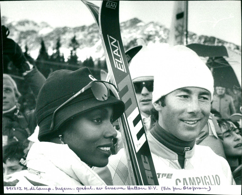 Ingemar Stenmark is congratulated by Geneva Hutton of Madonna di Campiglio - Vintage Photograph