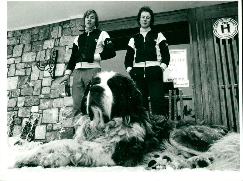 Torsten Jakobsson och Ingemar Stenmark fotograferas med hotellets St. Bernard - Vintage Photograph