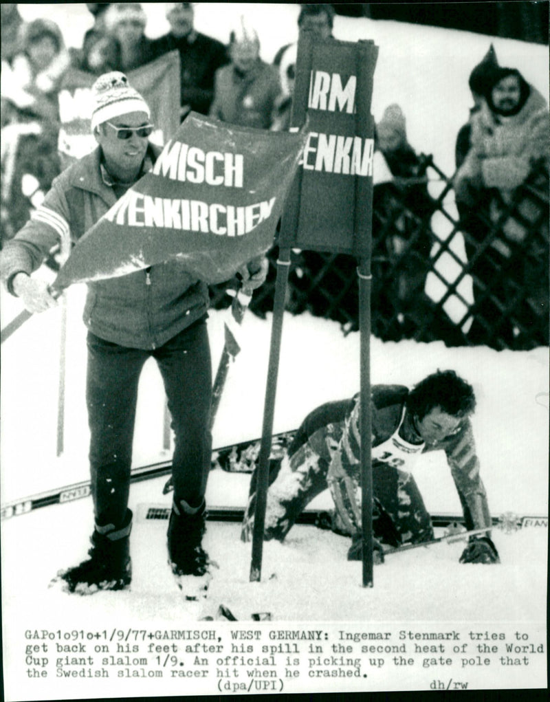 Ingemar Stenmark tries to get back on his feet after the fall in the Grand Slalom in Garmisch - Vintage Photograph
