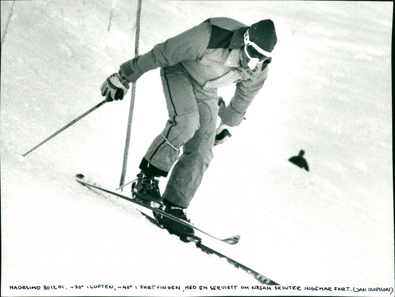 Ingemar Stenmark med en servett som skyddade för näsan mot kylan i Madesimo - Vintage Photograph