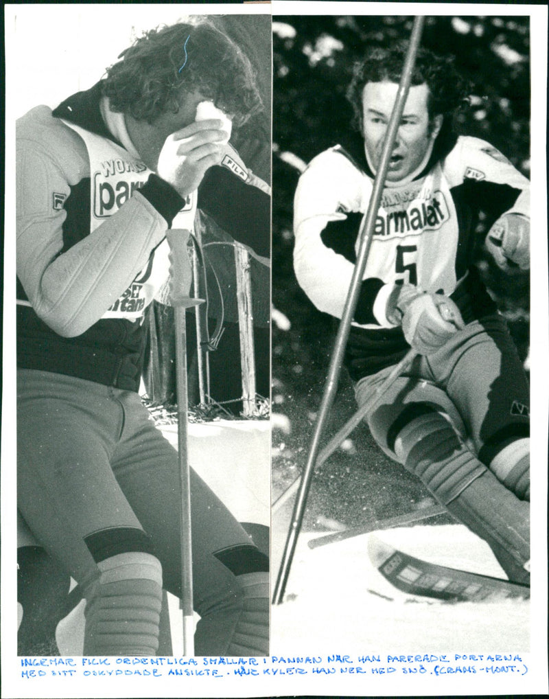 Ingemar Stenmark cools down damage with snow after a proper bang in the boiler - Vintage Photograph