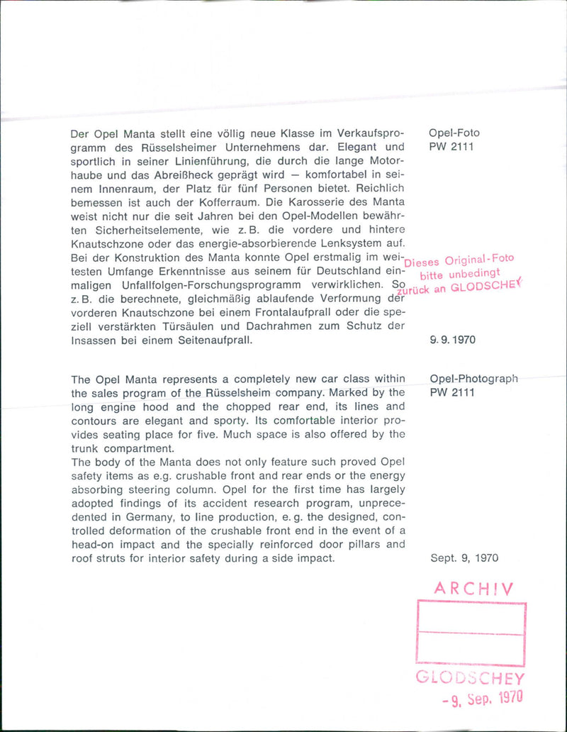 1970 Opel Manta - Vintage Photograph