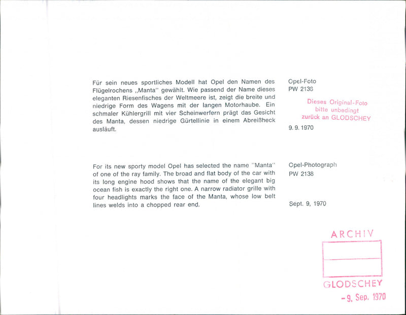 1970 Opel Manta - Vintage Photograph