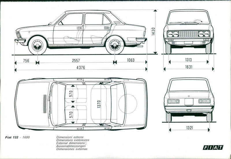 Fiat 132 1600 Special External Dimensions - Vintage Photograph