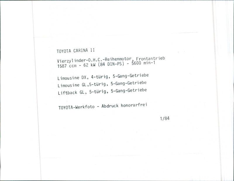 1984 Toyota Carina II - Vintage Photograph