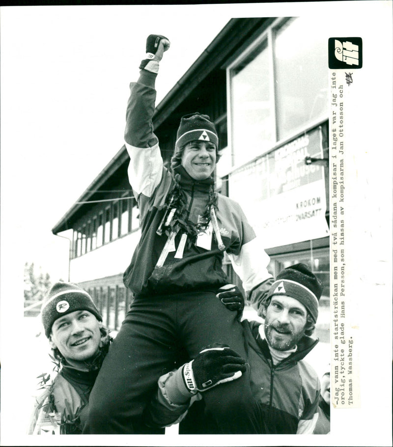 Hans Persson is hoisted by Jan Ottosson & Thomas Wassberg - Vintage Photograph