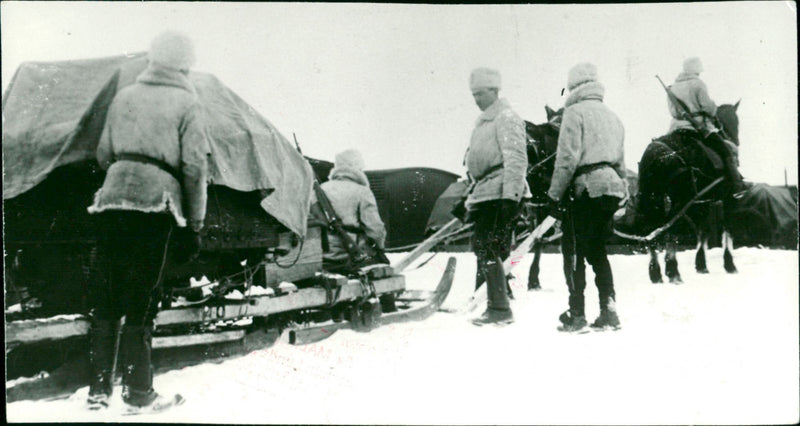 Military winter transport with horses and sleds - Vintage Photograph