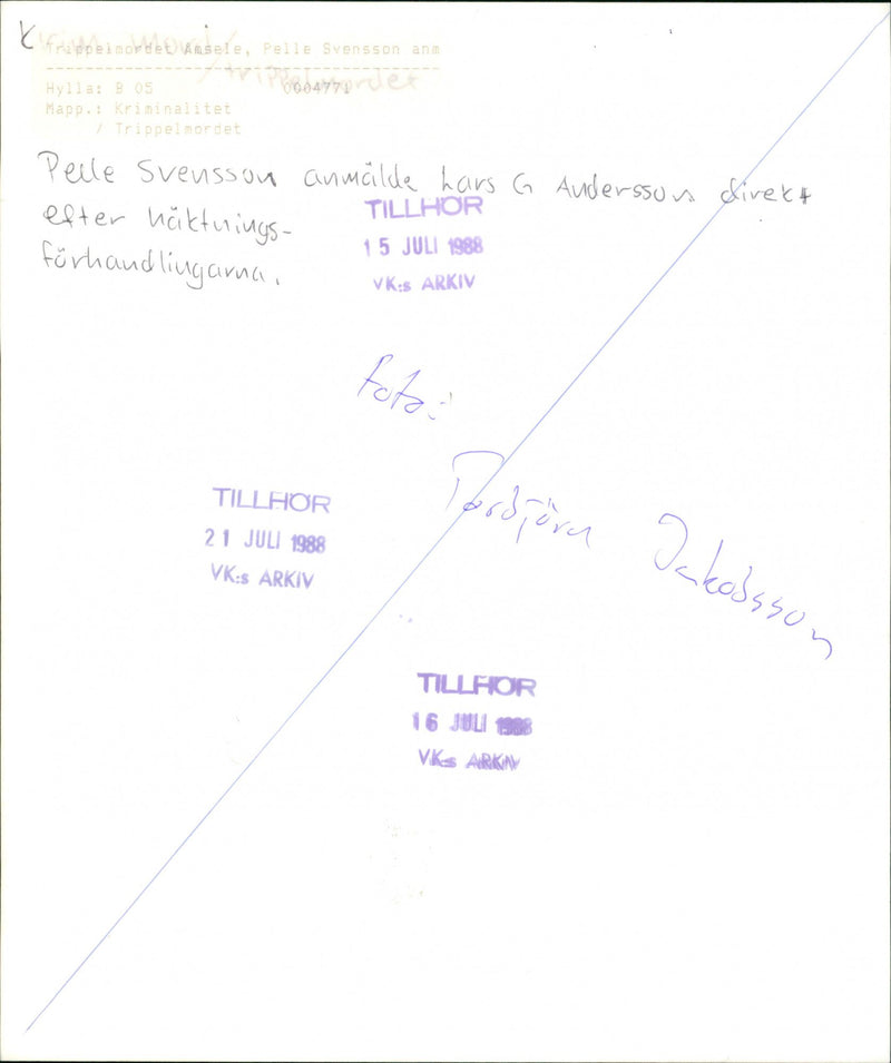 1988 TRIPLE MURDER ANMAILDE AFTER ANDERSSON VKS HARS WESELE DAKOBSSON HUNTING - Vintage Photograph