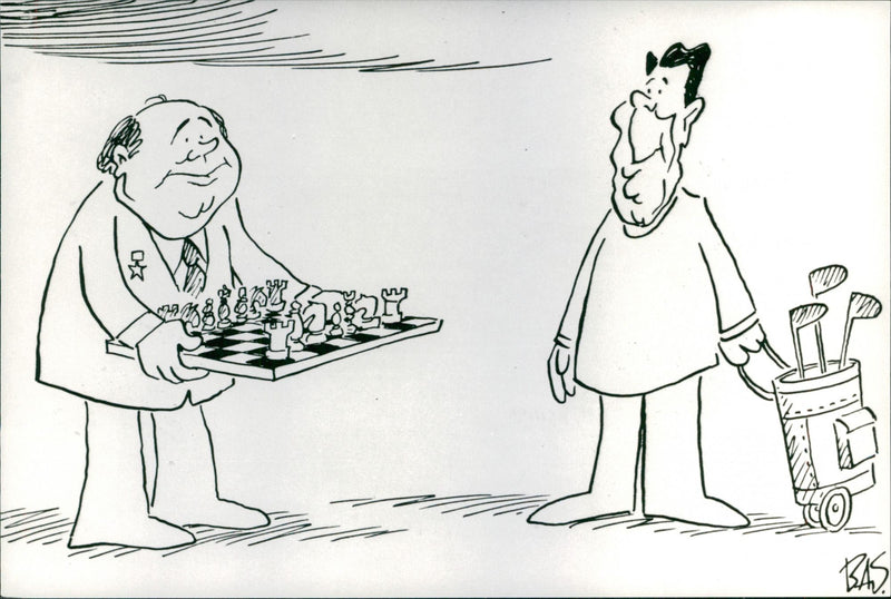 Karikatyr tekning föreställande Michail Gorbatjov och Ronald Reagan vid toppmötet - Vintage Photograph