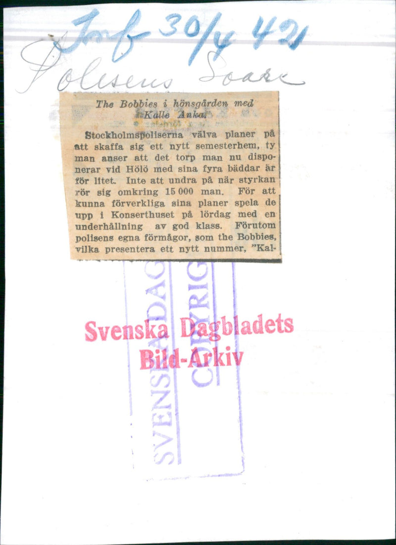 From the Stockholm Police's suré in the Concert Hall. Here The Bobbies in the chicken farm with Kalle Duck - Vintage Photograph