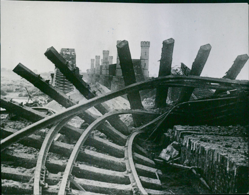 The large railway bridge over Weichsel at Dirschau was blown up by the Poles during the retreat - Vintage Photograph