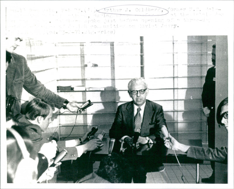 Arthur J. Goldberg at a press conference at the Palais des Congress - Vintage Photograph