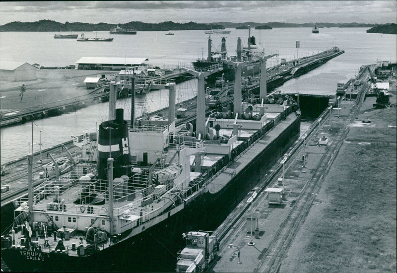 Ship traffic through the Panama Canal and the Panama Canal Locks - Vintage Photograph