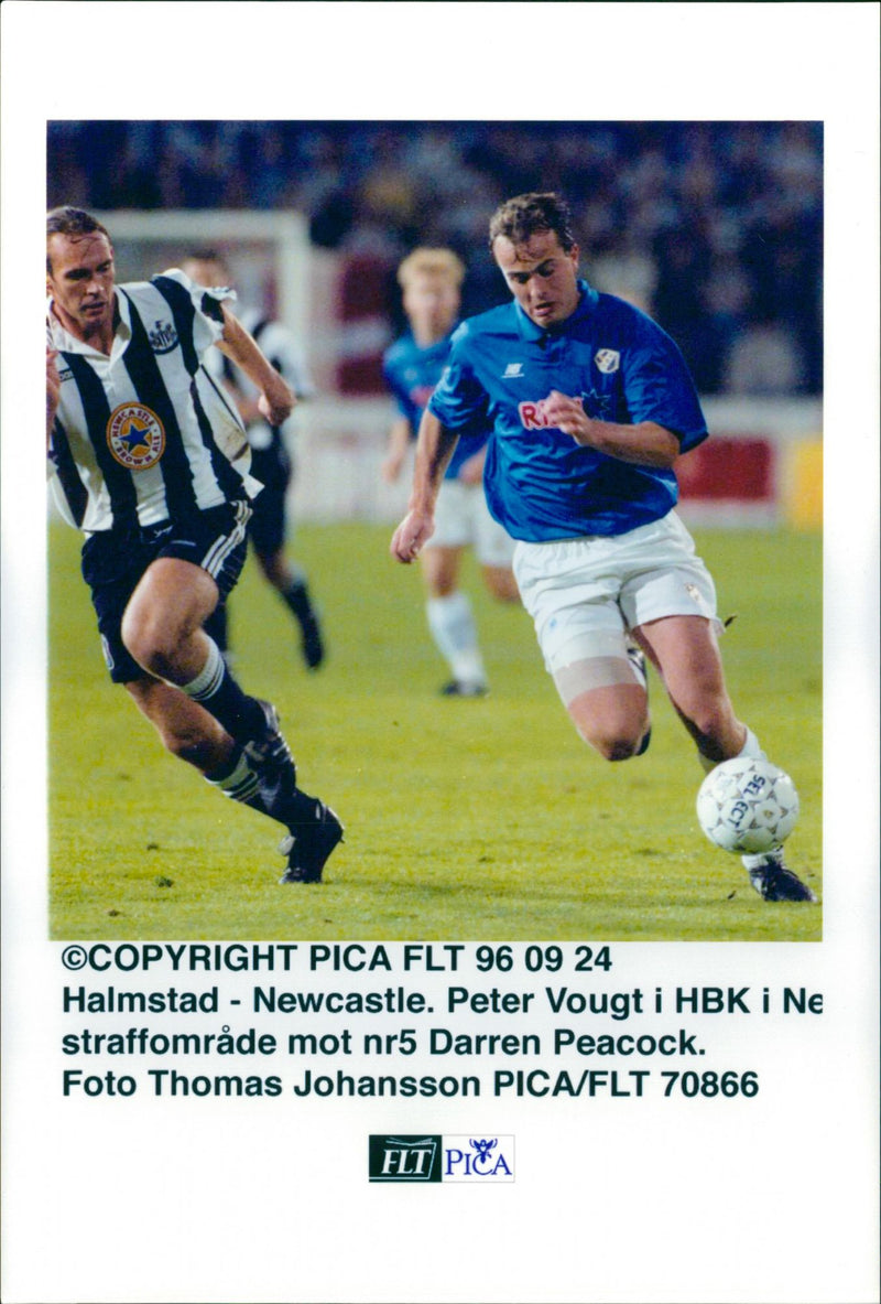 Halmstad - Newcastle. Peter Vought of HBK in Newcastle's penalty area against Darren Peacock - Vintage Photograph