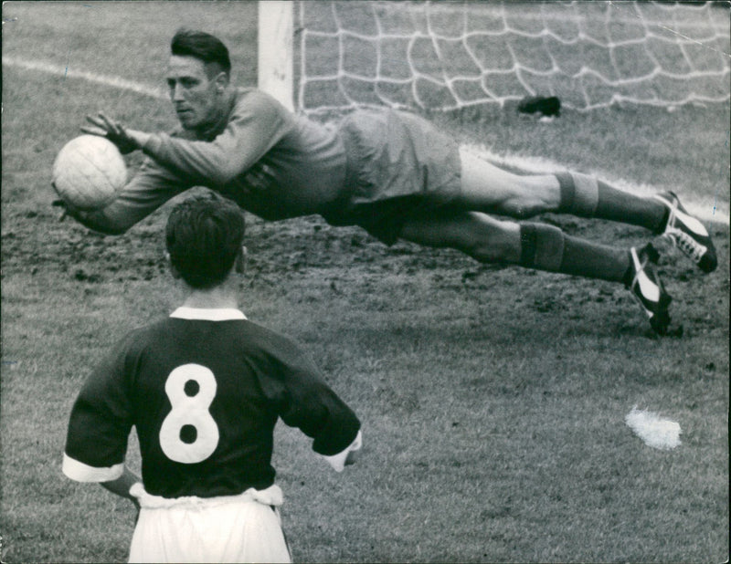 Sweden-Wales. Swedish goalkeeper Kalle Svensson throws after the ball - Vintage Photograph