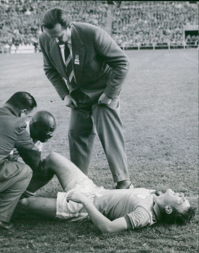 Brazil's Mazzola is injured during the match at Ullevi - Vintage Photograph