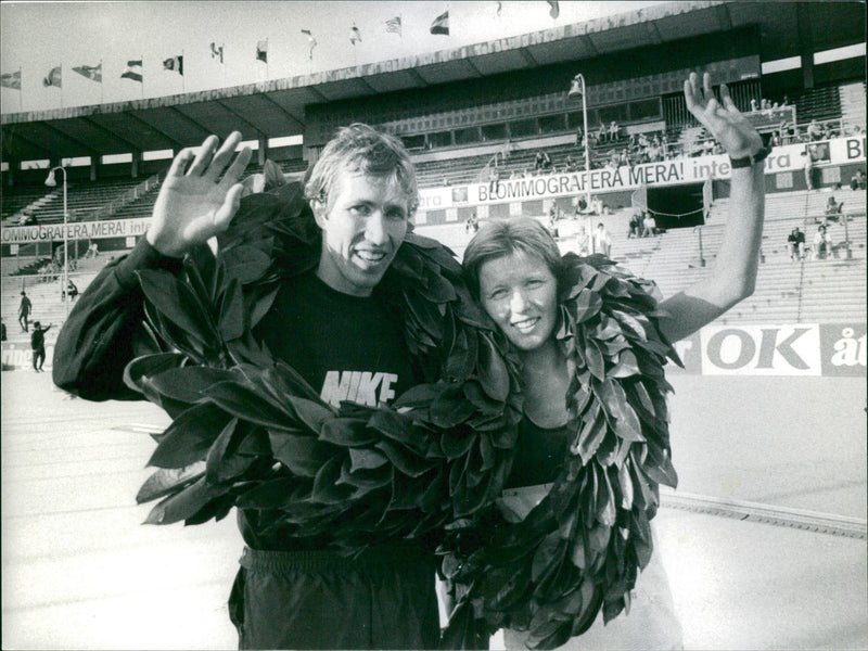The winners of the Stockholm Marathon, Jeff Wells and Ingrid Kristiansen - Vintage Photograph