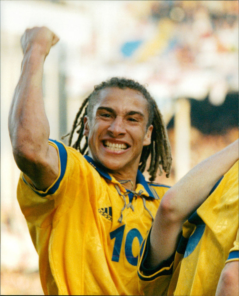 European Championship qualifier Sweden-England 2-1. Sweden's Henrik Larsson is cheering - Vintage Photograph