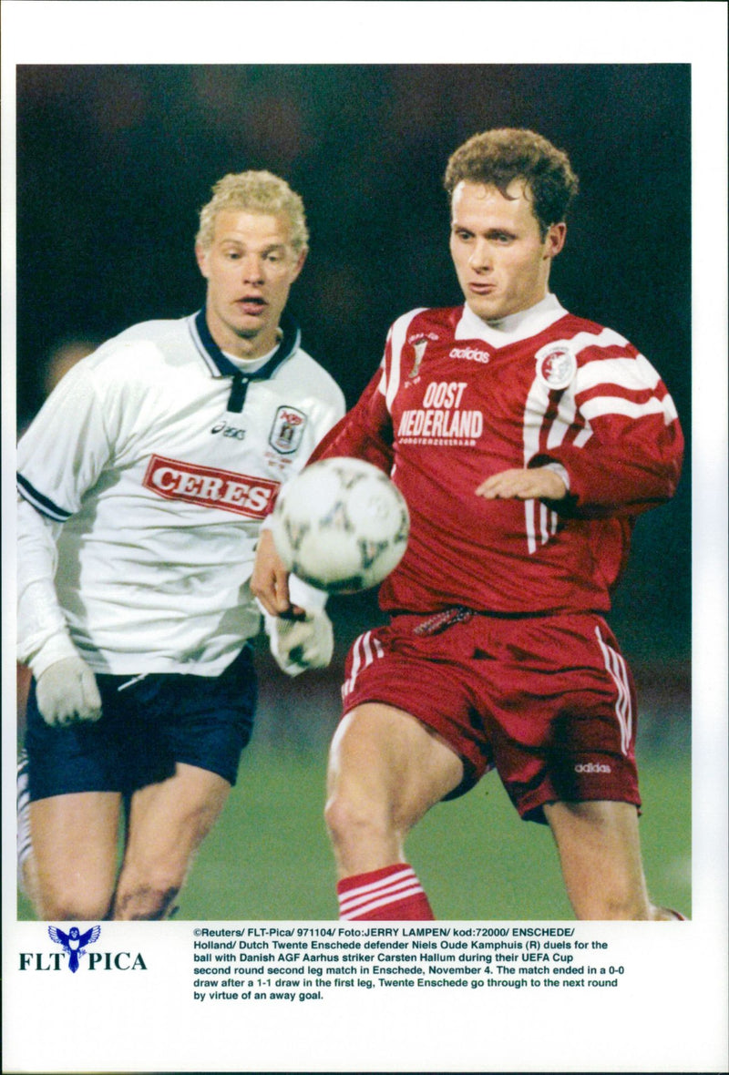 Football Netherlands - Denmark. Holland's Niels Oude Kamphuis and Denmark's Carsten Hallum in the UEFA Cup - Vintage Photograph