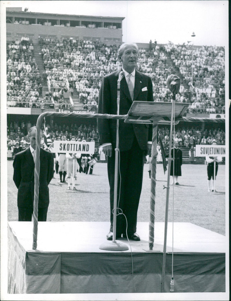 Mr Arthur Drewry, FIFA President, speaks at the opening of the 1958 Soccer World Cup - Vintage Photograph