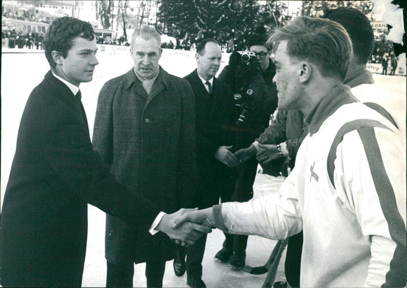 Crown Prince Carl Gustaf greets Finnish goalkeeper Lars Näsman at the international championship in Bandy in Uppsala - Vintage Photograph