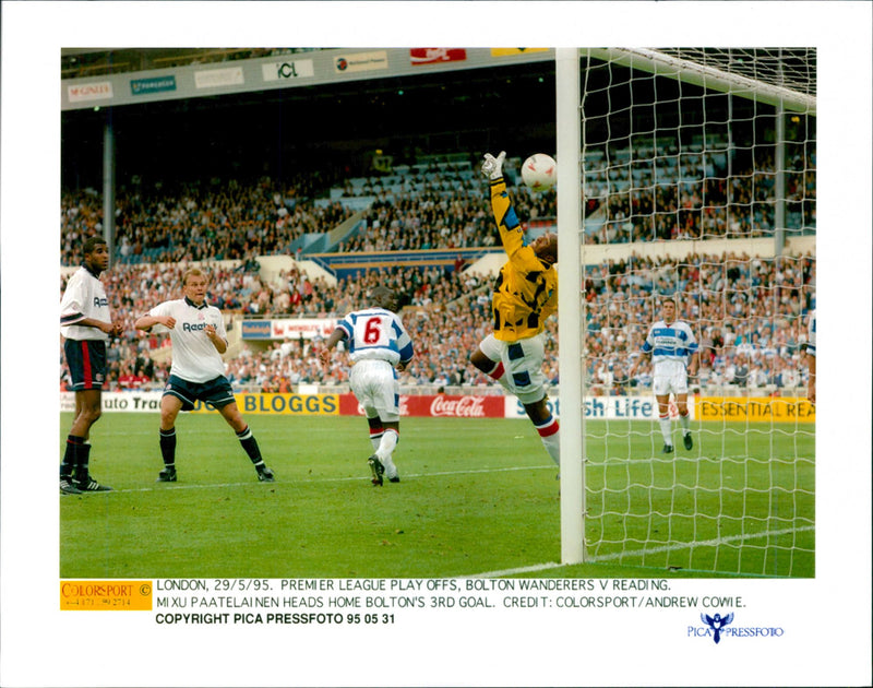 Premier League. Bolton Wanderers v Reading. Mixu Paatelainen scores Bolton's 3rd goal - Vintage Photograph