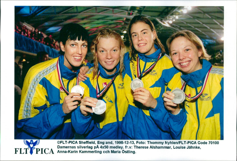 The ladies' silver team in the 4x50 medley. Therese Alshammar, Louise Jähnke, Anna-Karin Kammerling and Maria Östling - Vintage Photograph