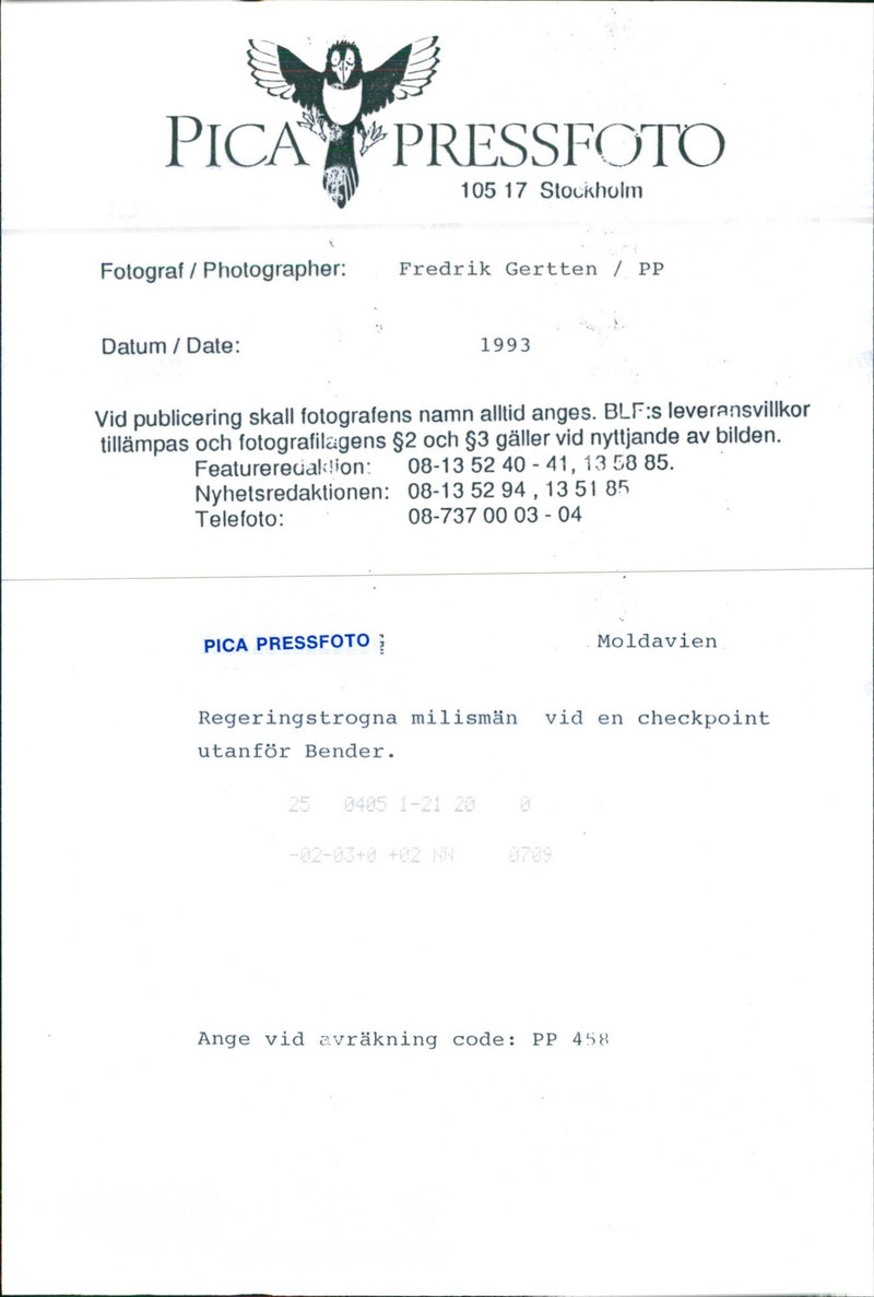 Loyal militiamen at a checkpoint outside Bender, Moldova - Vintage Photograph