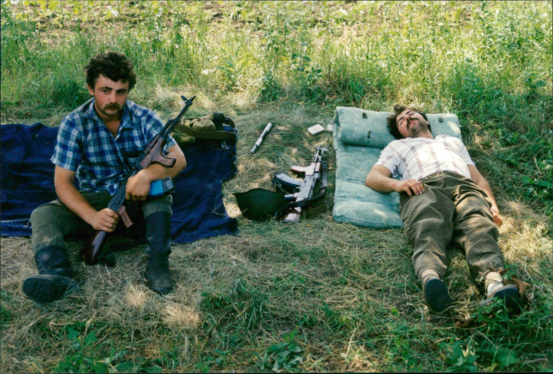 Loyal militiamen at a checkpoint outside Bender, Moldova - Vintage Photograph