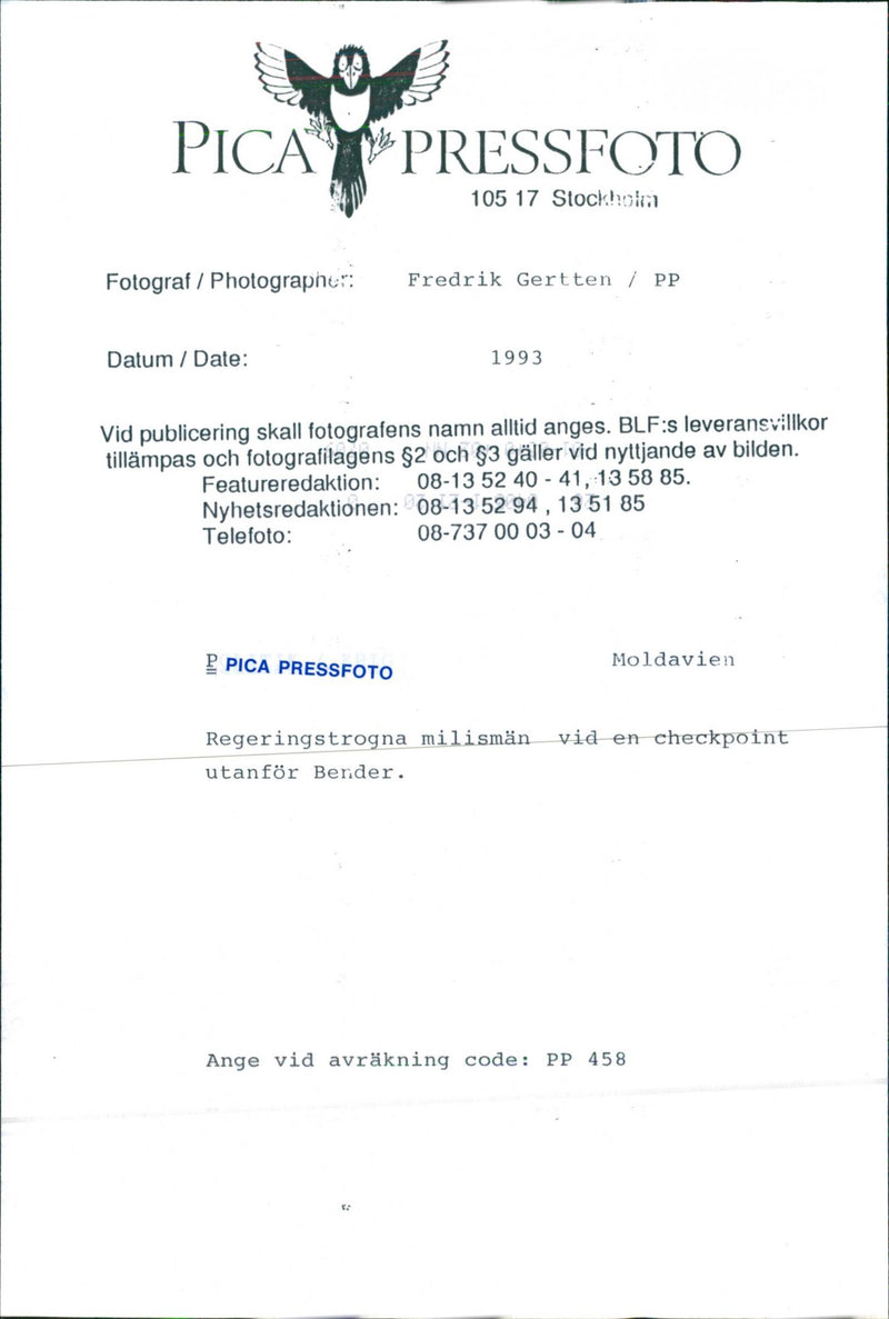 Loyal militiamen at a checkpoint outside Bender, Moldova - Vintage Photograph