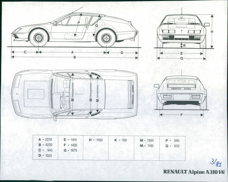 1981 Renault Alpine A310 V6 Dimensions. - Vintage Photograph