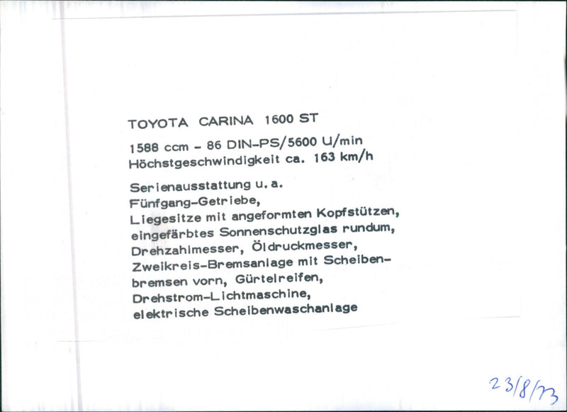 TOYOTA CARINA 1600 - Vintage Photograph