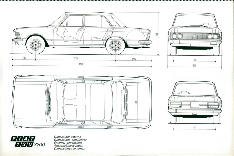 Fiat 130 3200 External Dimensions - Vintage Photograph