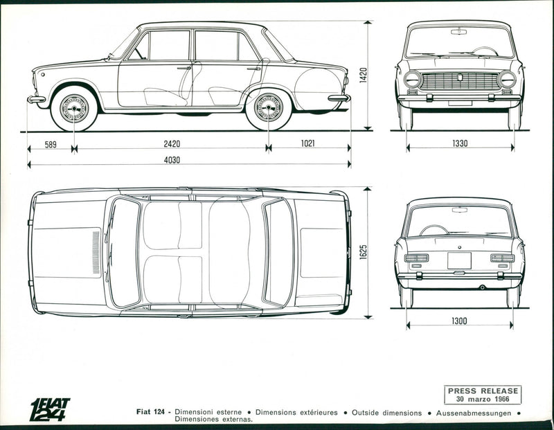 1966 Fiat 124 Dimensions - Vintage Photograph