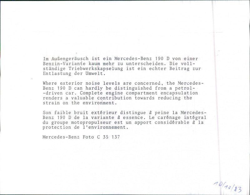 Mercedes Benz 190 D of 1983 - Vintage Photograph