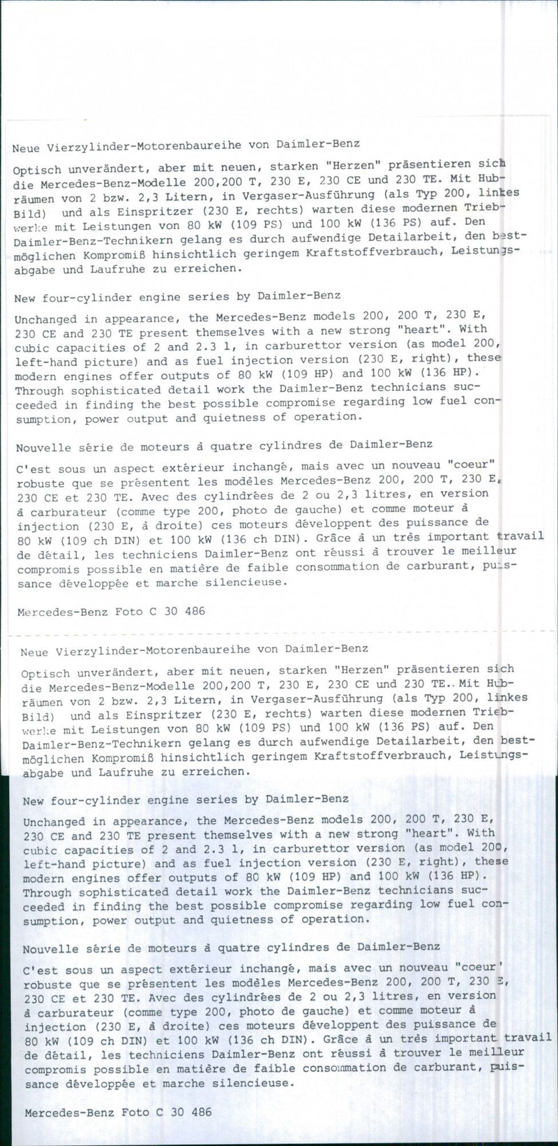 New four-cylinder engine series by Daimler-Benz. - Vintage Photograph