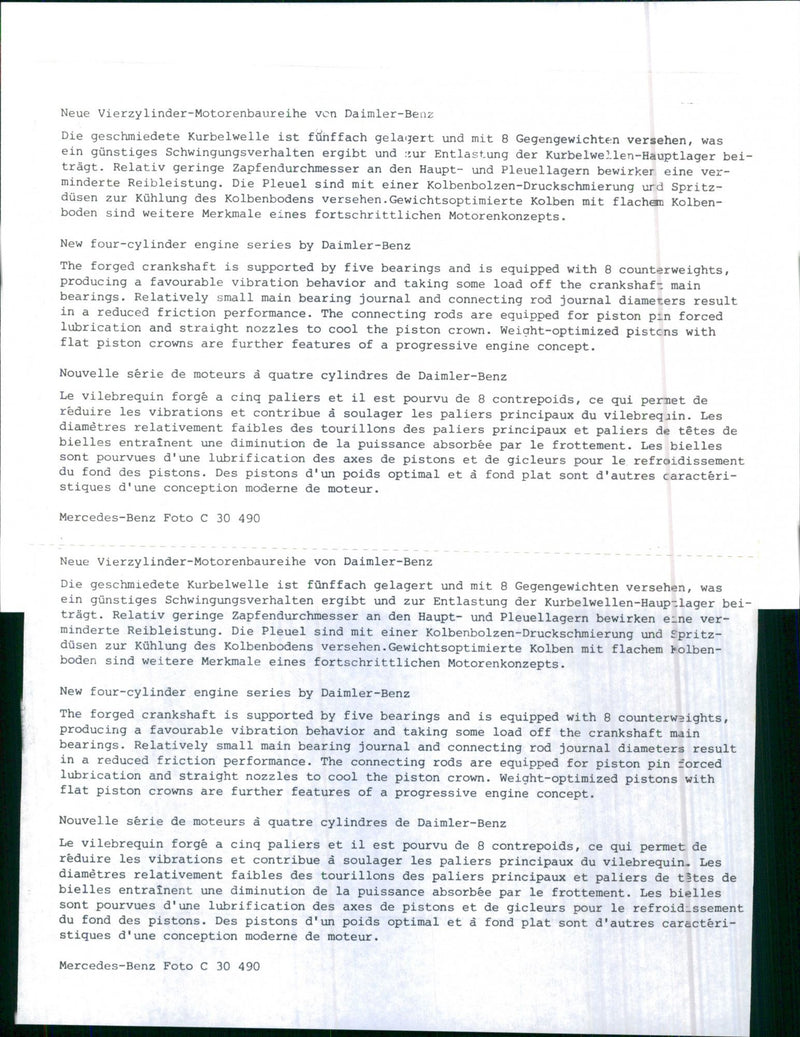 New four-cylinder engine series by Daimler-Benz. - Vintage Photograph