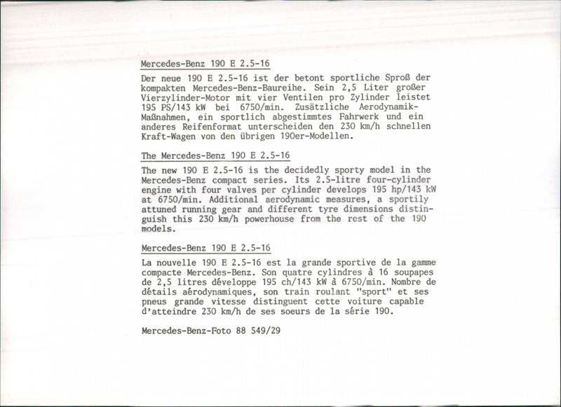 Mercedes-Benz 190 E 2.5-16 - Vintage Photograph