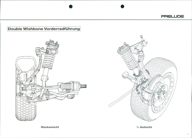 Drawing of Honda Prelude's double wishbone front suspension - Vintage Photograph