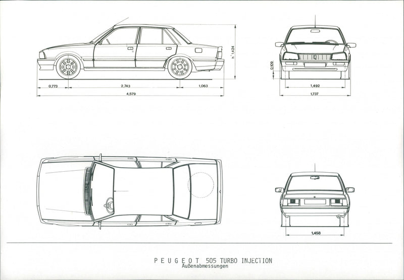 1984 Peugeot 505 Turbo Injection External Dimensions - Vintage Photograph