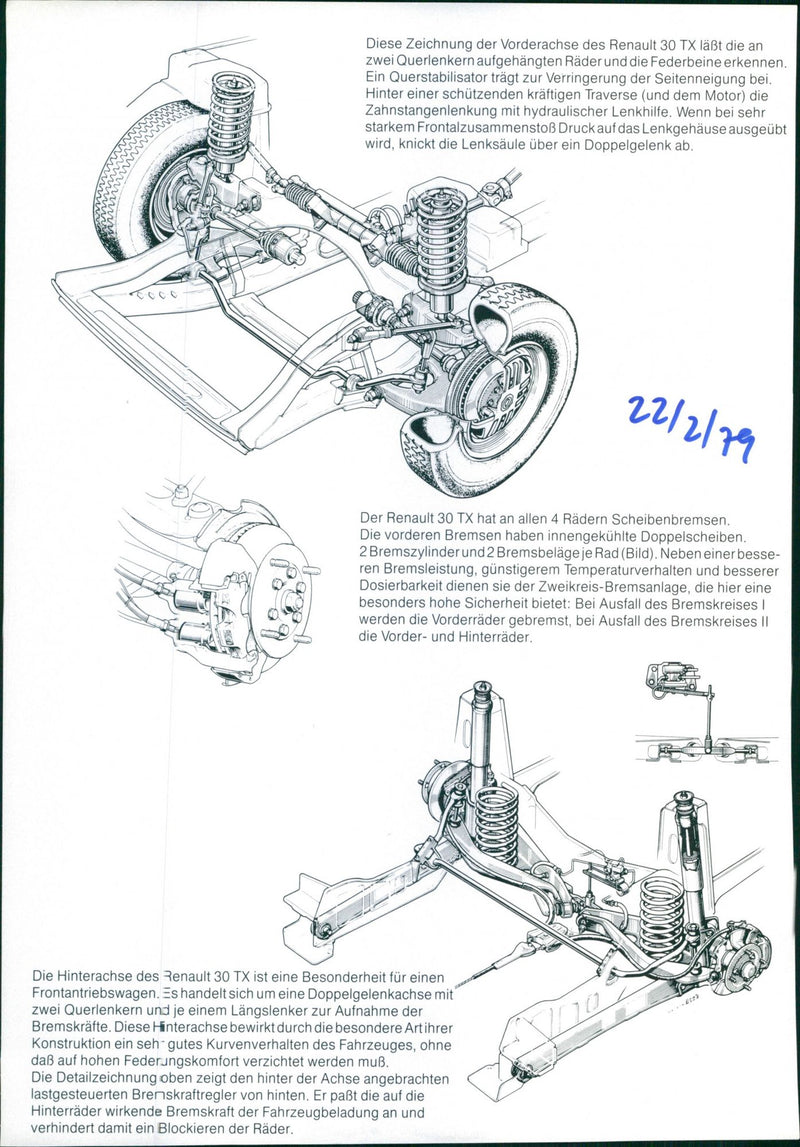 1979 Renault 30 RX - front axle, disc brakes, and rear axle drawing. - Vintage Photograph