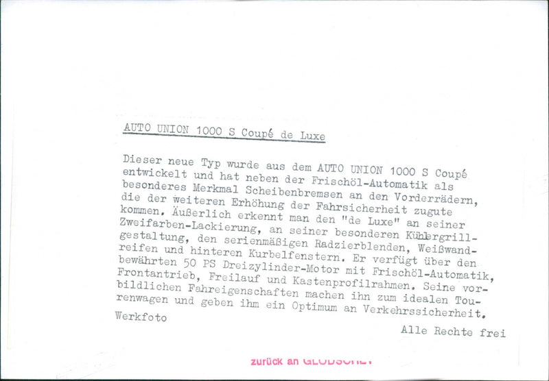 Auto Union 1000 S Coupe de Luxe - Vintage Photograph
