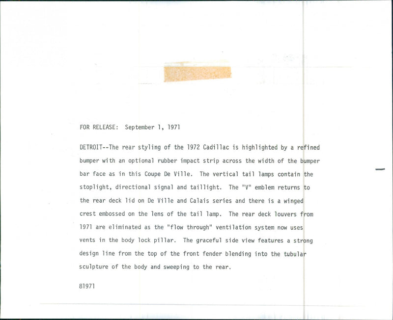 1972 CADILLAC COUPE DE VILLE,rearview - Vintage Photograph