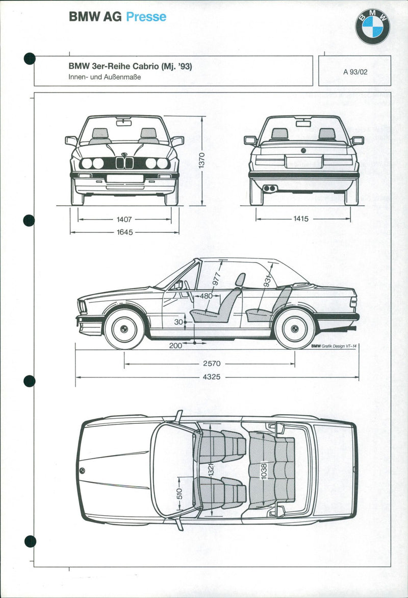 1993 BMW 3 Series Convertible dimensions - Vintage Photograph