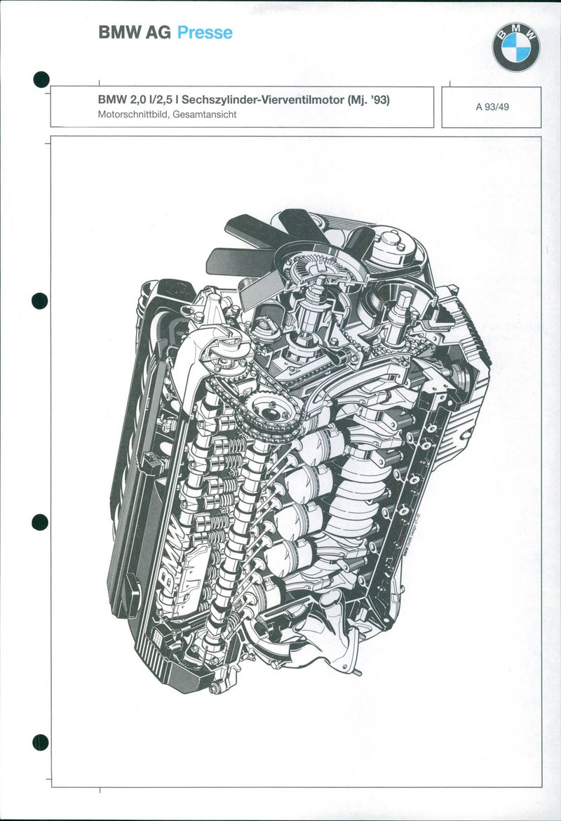 1993 BMW 2.0-Liter/2.5-Liter engine cutaway drawing - Vintage Photograph